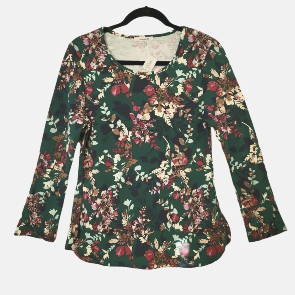 NEW Crochet Women Floral leaf long sleeve with button tops blouse Petite size PM